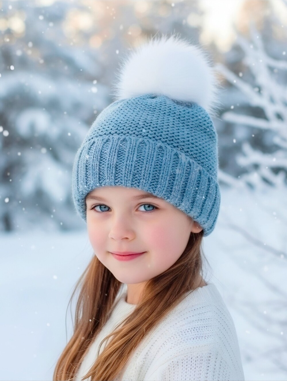 Childrens Place Girls Sparkle Pom Pom Beanie Blue White Knit Winter Hat NWT